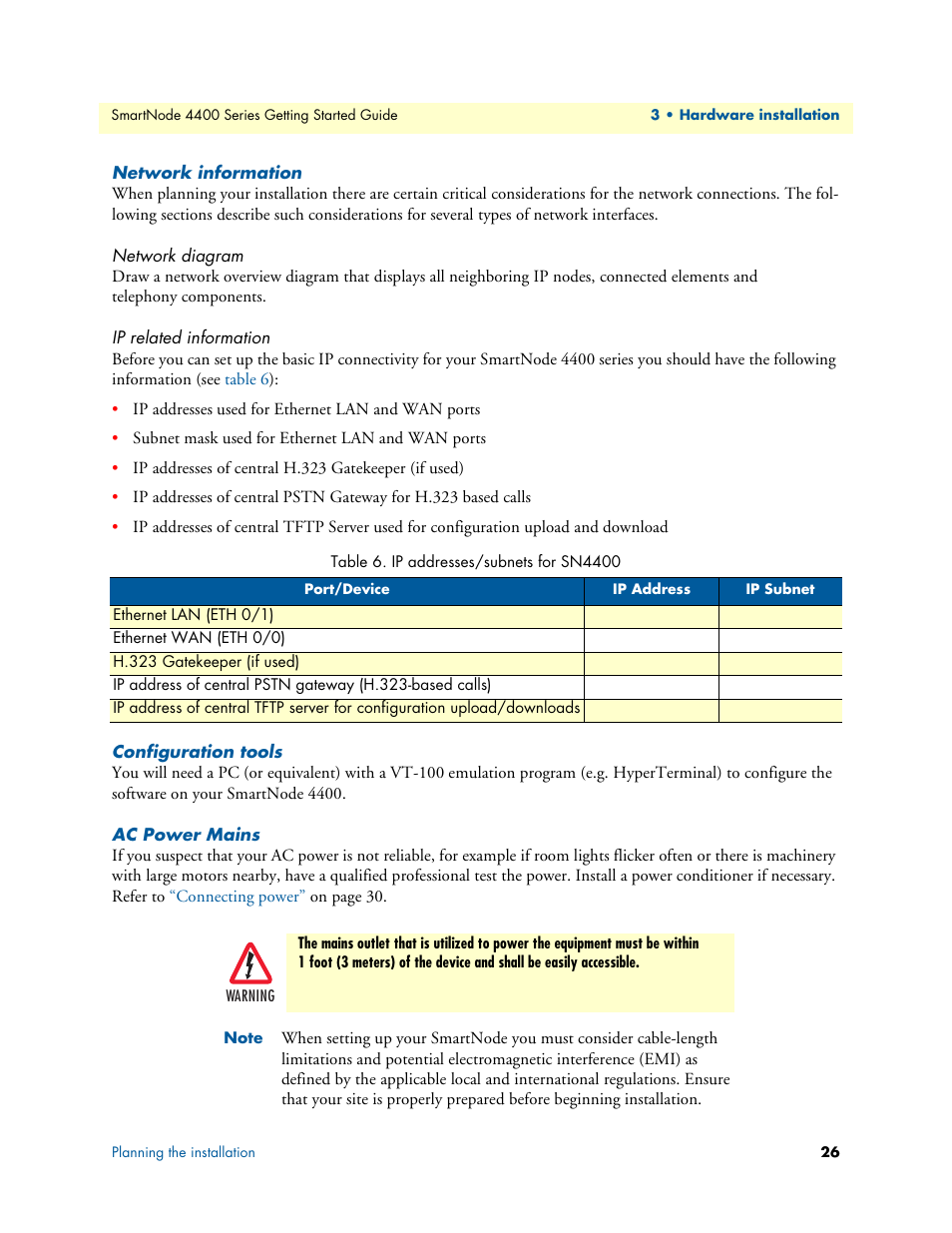Network information, Network diagram, Ip related information | Configuration tools, Ac power mains, Ip addresses/subnets for sn4400 | Patton electronic SmartNode 4400 User Manual | Page 26 / 69