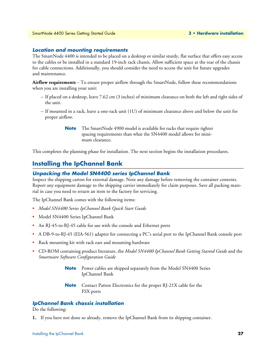 Location and mounting requirements, Installing the ipchannel bank, Unpacking the model sn4400 series ipchannel bank | Ipchannel bank chassis installation | Patton electronic SmartNode 4400 User Manual | Page 27 / 69