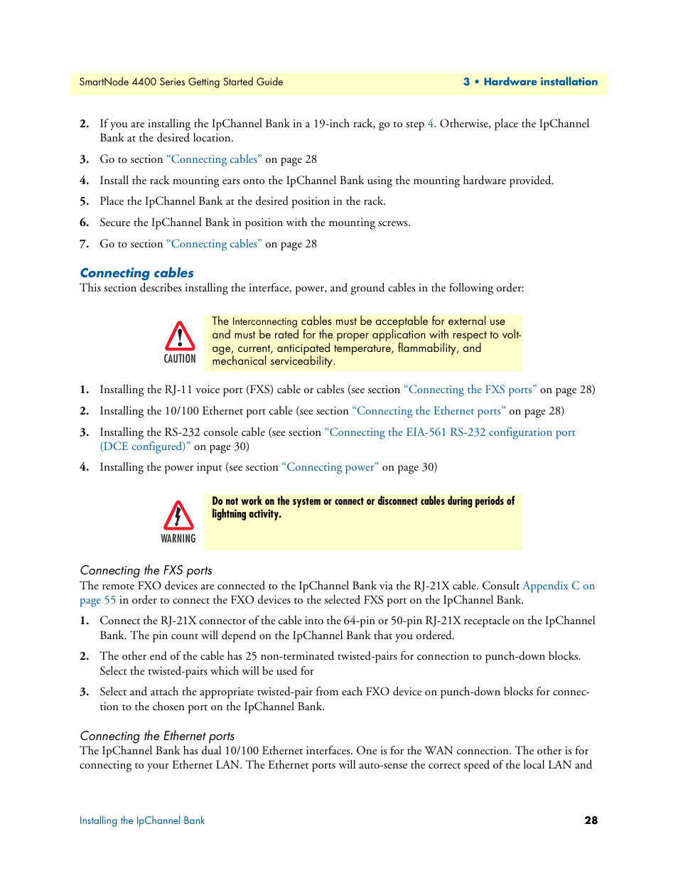 Connecting cables, Connecting the fxs ports, Connecting the ethernet ports | Patton electronic SmartNode 4400 User Manual | Page 28 / 69