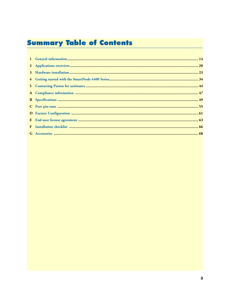 Summary table of contents, Summar y table of contents | Patton electronic SmartNode 4400 User Manual | Page 3 / 69