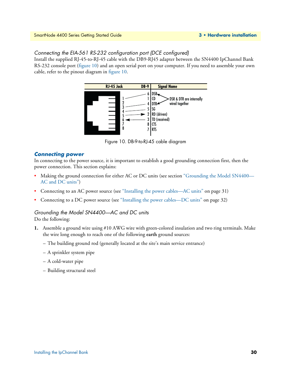 Connecting power, Grounding the model sn4400-ac and dc units, Grounding the model sn4400—ac and dc units | Db-9-to-rj-45 cable diagram, Connecting the eia-561 rs-232 configuration port, Dce configured) | Patton electronic SmartNode 4400 User Manual | Page 30 / 69