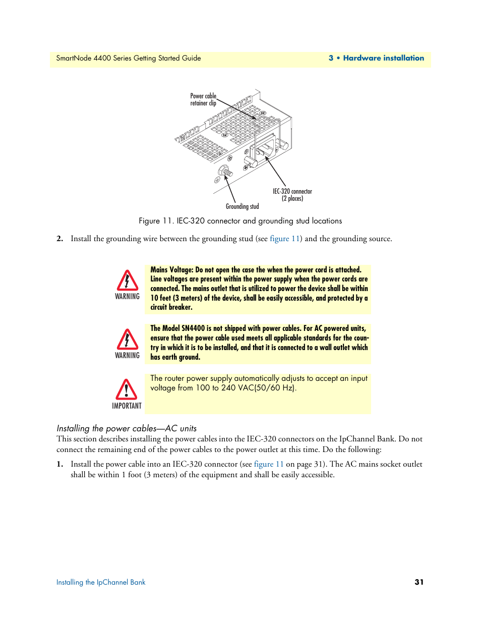 Installing the power cables-ac units, Installing the power cables—ac units, Iec-320 connector and grounding stud locations | Patton electronic SmartNode 4400 User Manual | Page 31 / 69