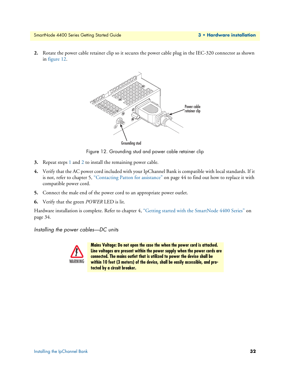 Installing the power cables-dc units, Installing the power cables—dc units, Grounding stud and power cable retainer clip | Patton electronic SmartNode 4400 User Manual | Page 32 / 69