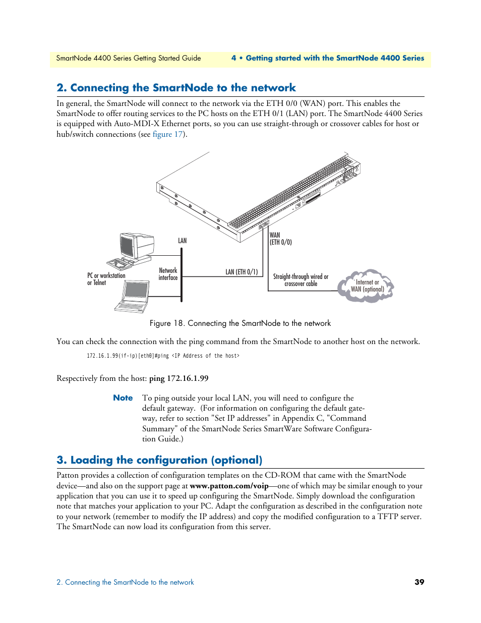 Connecting the smartnode to the network, Loading the configuration (optional), Connecting the smartnode to | The network, Connecting the smartnode to the net, Work | Patton electronic SmartNode 4400 User Manual | Page 39 / 69