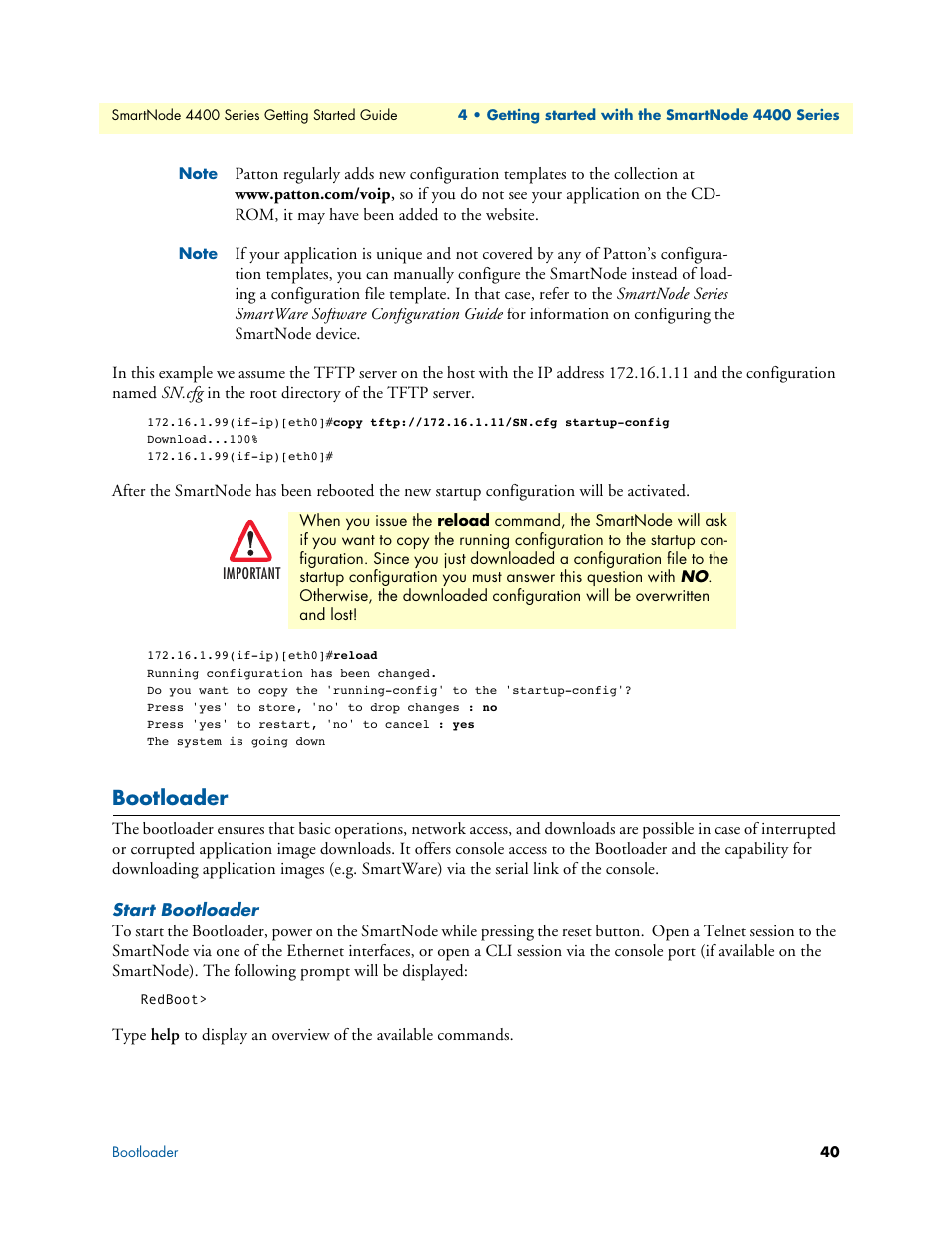 Bootloader, Start bootloader | Patton electronic SmartNode 4400 User Manual | Page 40 / 69