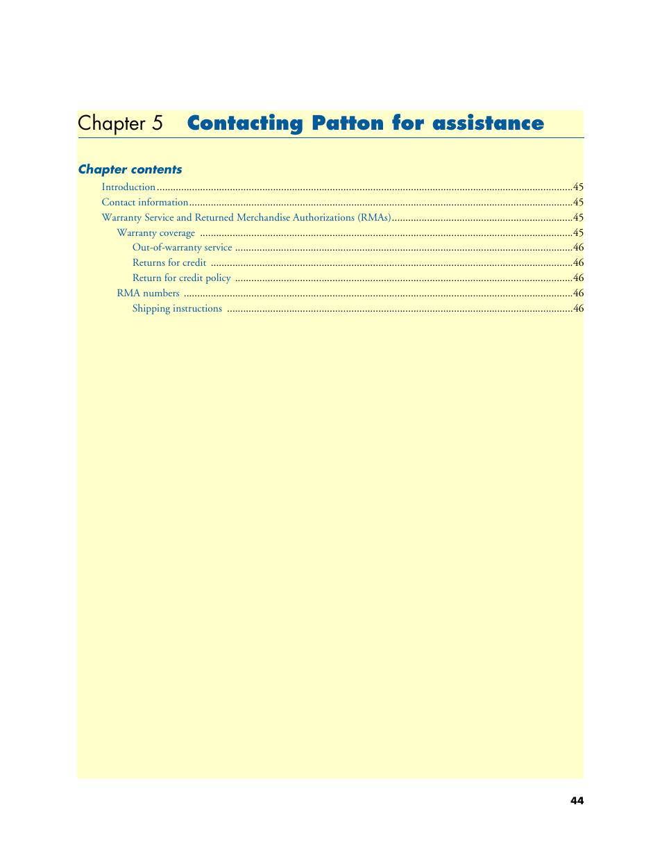 Chapter 5 contacting patton for assistance, Contacting patton for assistance, Chapter 5 | Ter 5 | Patton electronic SmartNode 4400 User Manual | Page 44 / 69