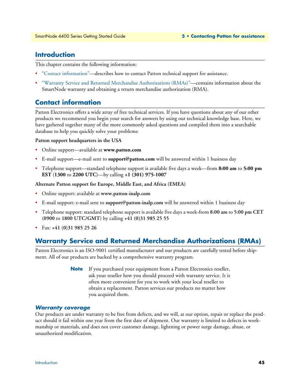 Introduction, Contact information, Warranty coverage | Patton electronic SmartNode 4400 User Manual | Page 45 / 69