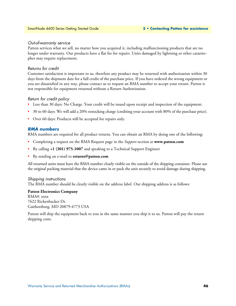 Out-of-warranty service, Returns for credit, Return for credit policy | Rma numbers, Shipping instructions | Patton electronic SmartNode 4400 User Manual | Page 46 / 69