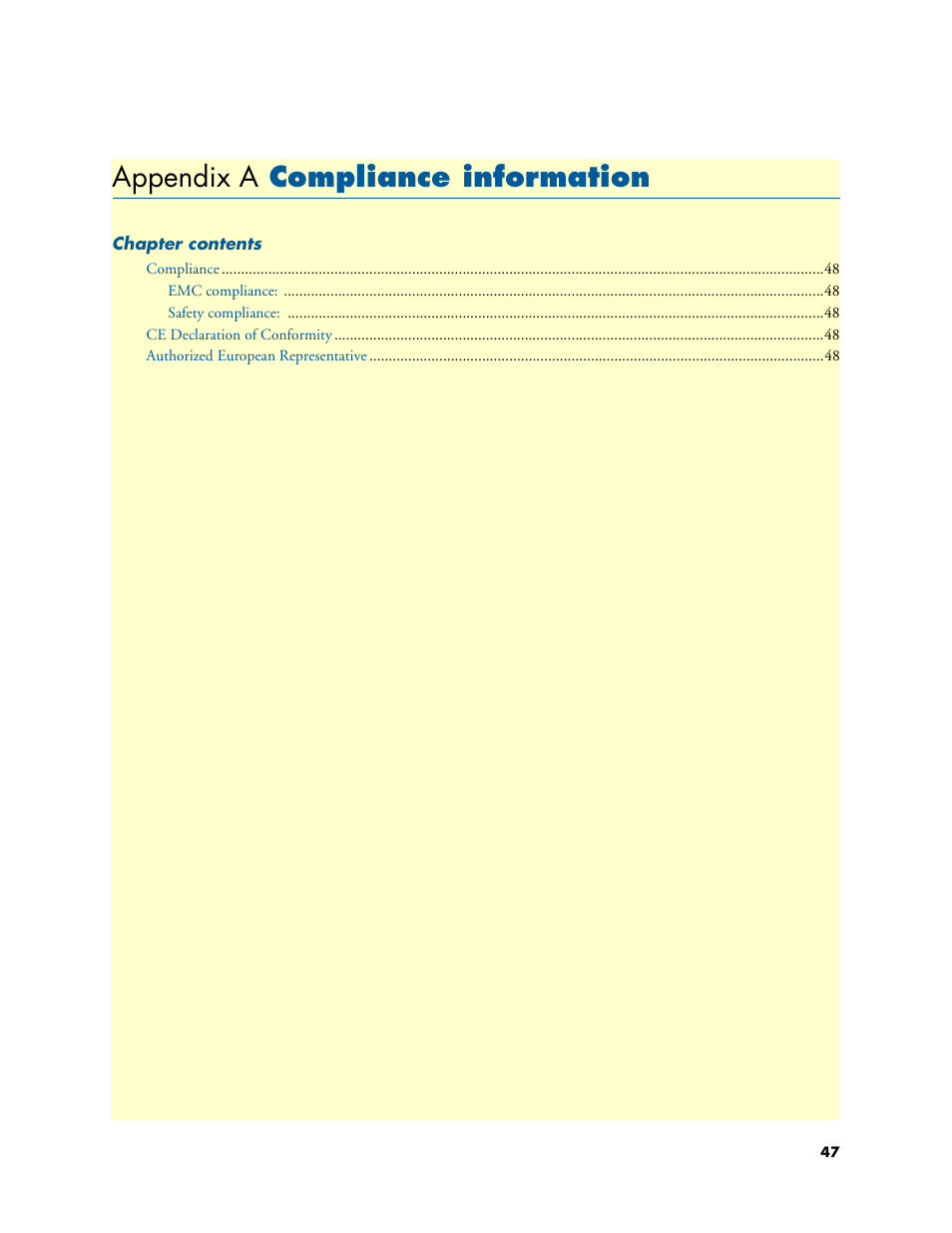 Appendix a compliance information, Compliance information, Appendix a | Patton electronic SmartNode 4400 User Manual | Page 47 / 69