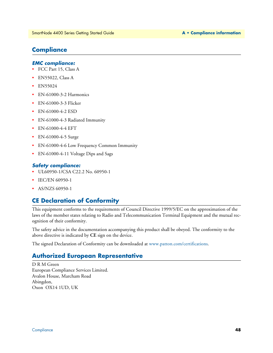 Compliance, Emc compliance, Safety compliance | Ce declaration of conformity, Authorized european representative | Patton electronic SmartNode 4400 User Manual | Page 48 / 69