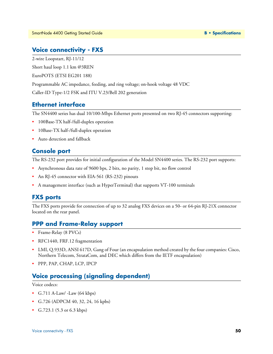 Voice connectivity - fxs, Ethernet interface, Console port | Fxs ports, Ppp and frame-relay support, Voice processing (signaling dependent) | Patton electronic SmartNode 4400 User Manual | Page 50 / 69