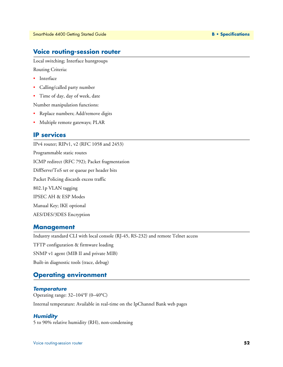 Voice routing-session router, Ip services, Management | Operating environment, Temperature, Humidity | Patton electronic SmartNode 4400 User Manual | Page 52 / 69