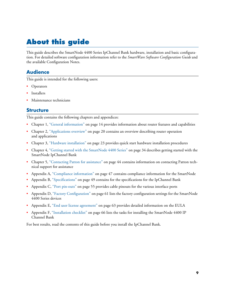 About this guide, Audience, Structure | Patton electronic SmartNode 4400 User Manual | Page 9 / 69