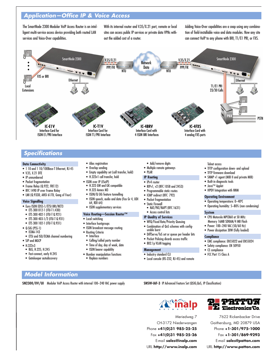 Specifications model information, Application—office ip & voice access | Patton electronic Patton SmartNode 2300 Series User Manual | Page 2 / 2