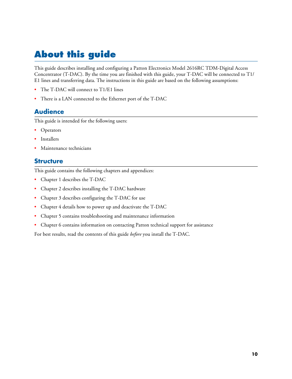 About this guide, Audience, Structure | Patton electronic 2616RC User Manual | Page 10 / 80