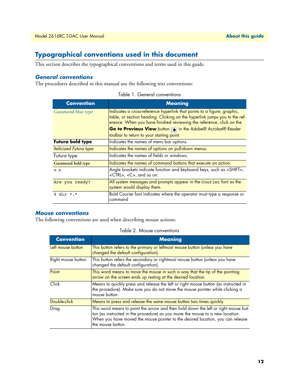 Typographical conventions used in this document, General conventions, Mouse conventions | Patton electronic 2616RC User Manual | Page 12 / 80