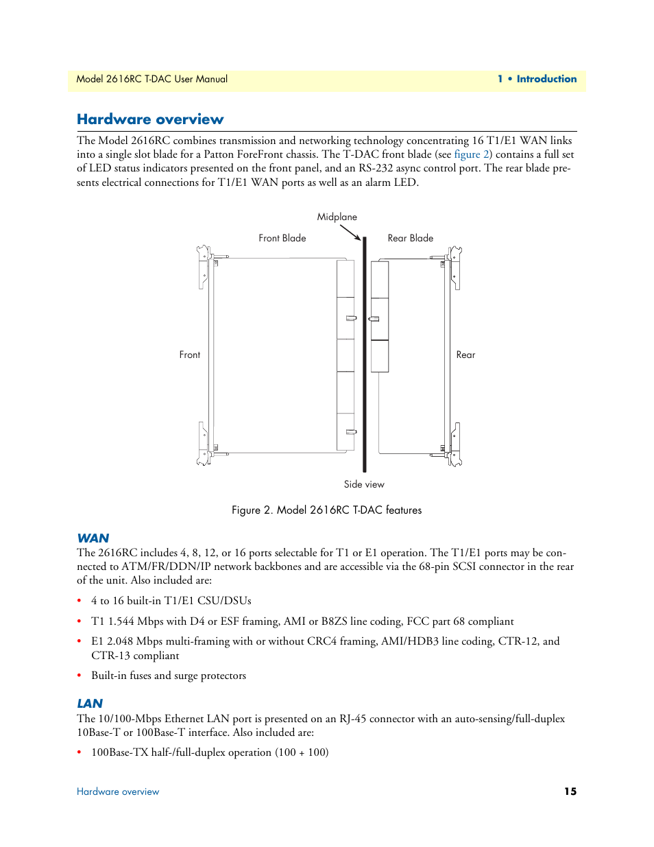 Hardware overview, Model 2616rc t-dac features | Patton electronic 2616RC User Manual | Page 15 / 80