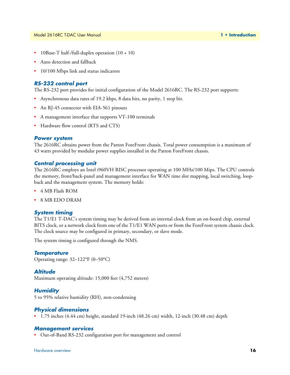 Rs-232 control port, Power system, Central processing unit | System timing, Temperature, Altitude, Humidity, Physical dimensions, Management services | Patton electronic 2616RC User Manual | Page 16 / 80