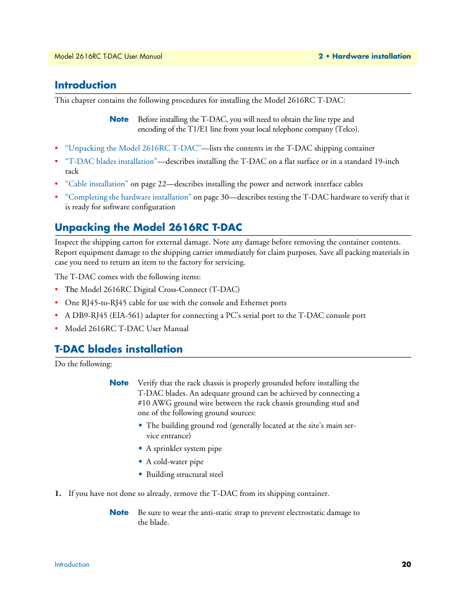 Introduction, Unpacking the model 2616rc t-dac, T-dac blades installation | Patton electronic 2616RC User Manual | Page 20 / 80