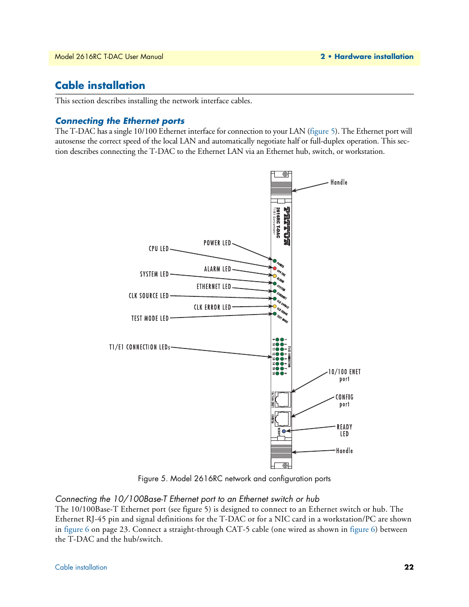 Cable installation, Connecting the ethernet ports, Model 2616rc network and configuration ports | Patton electronic 2616RC User Manual | Page 22 / 80