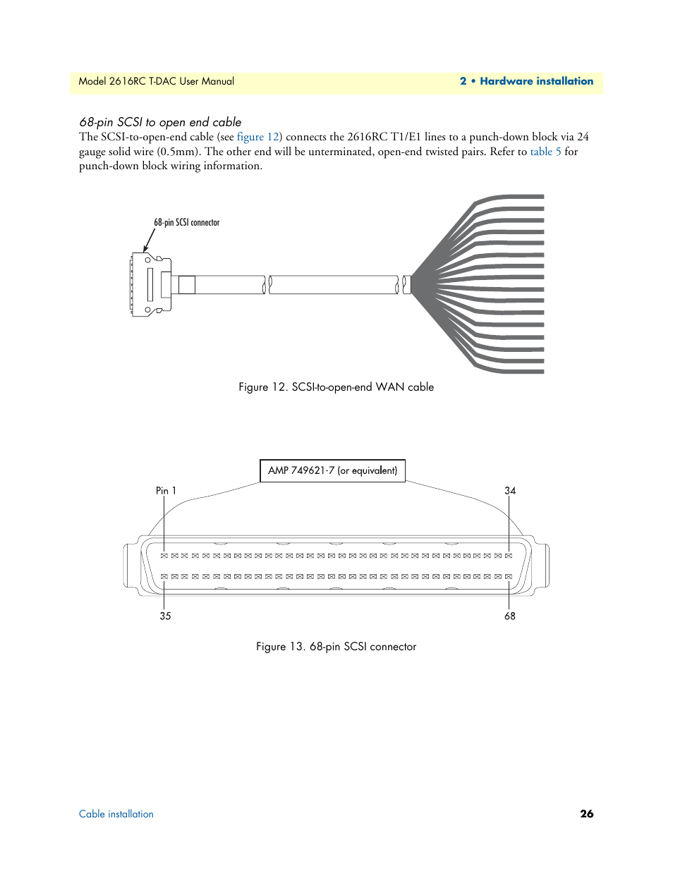 Pin scsi to open end cable, Scsi-to-open-end wan cable, Pin scsi connector | Pin scsi to open end, Cable | Patton electronic 2616RC User Manual | Page 26 / 80