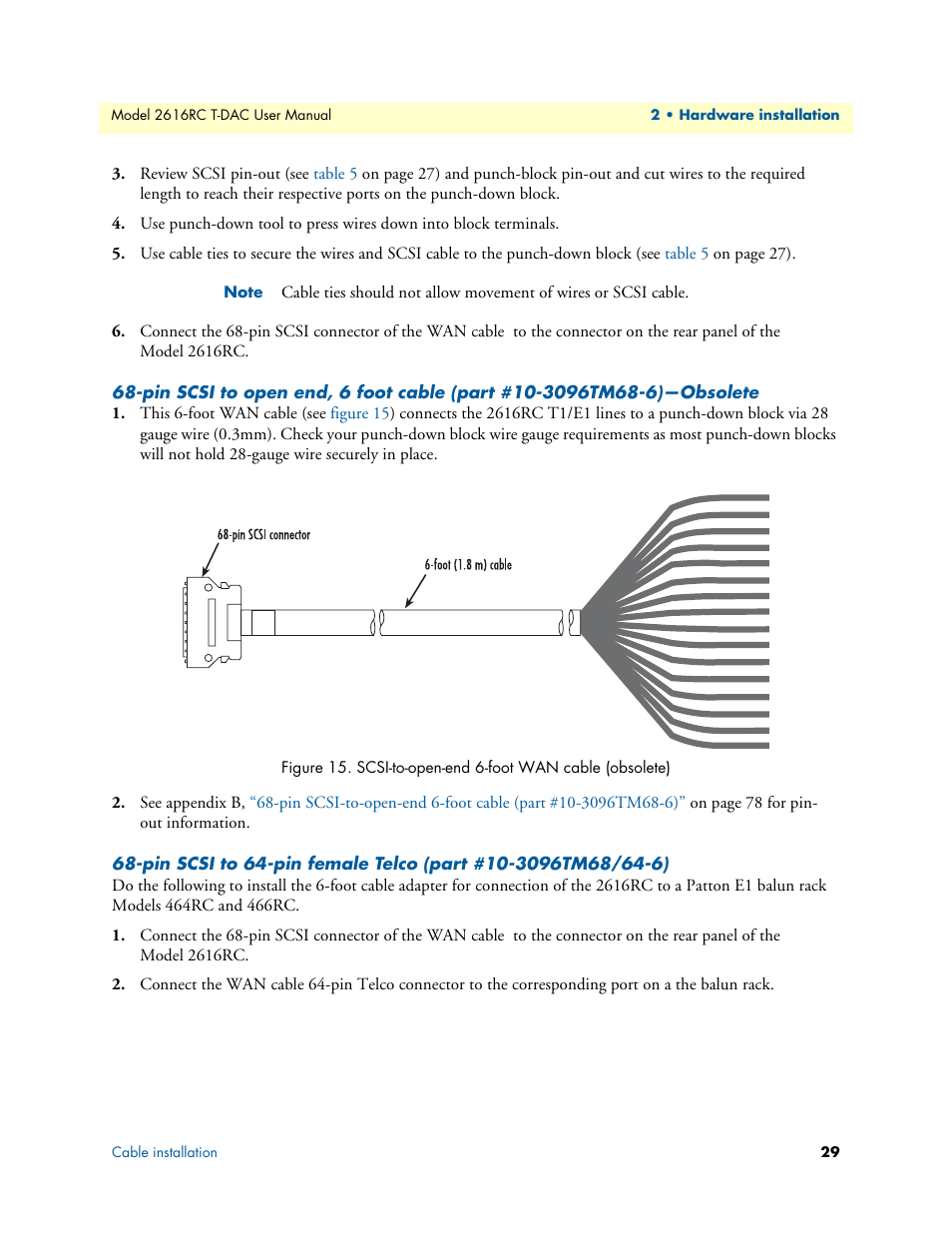 Scsi-to-open-end 6-foot wan cable (obsolete) | Patton electronic 2616RC User Manual | Page 29 / 80