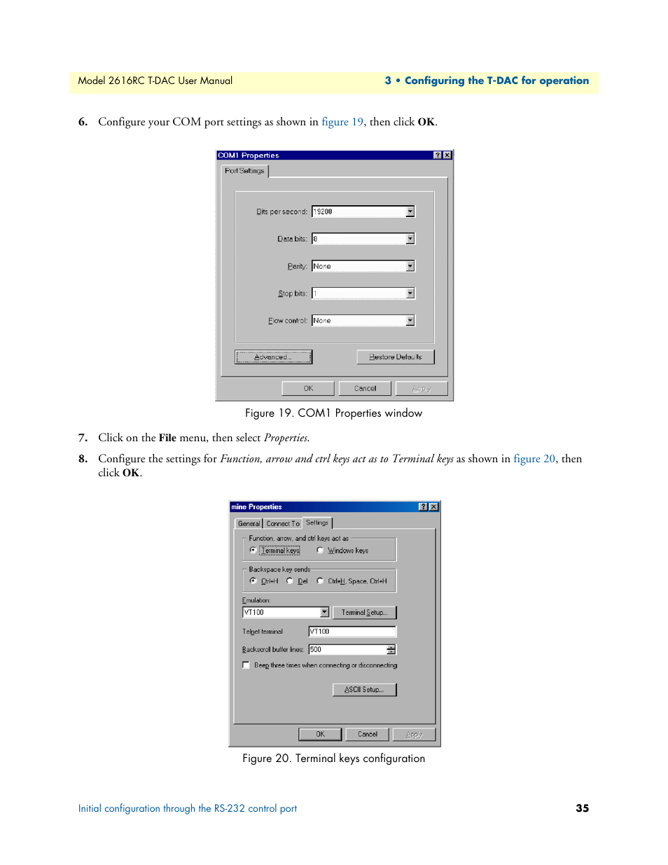 Com1 properties window, Terminal keys configuration | Patton electronic 2616RC User Manual | Page 35 / 80