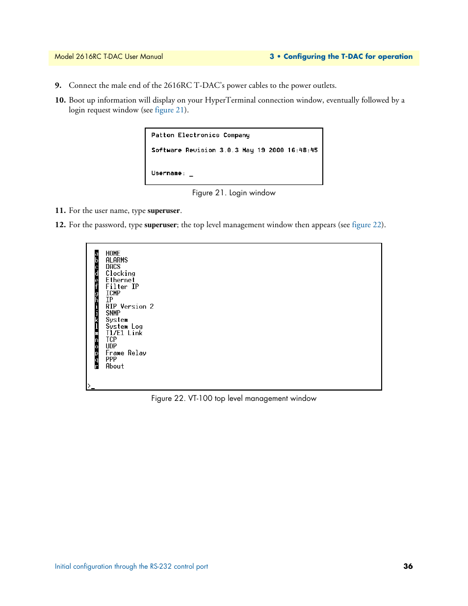 Login window, Vt-100 top level management window | Patton electronic 2616RC User Manual | Page 36 / 80