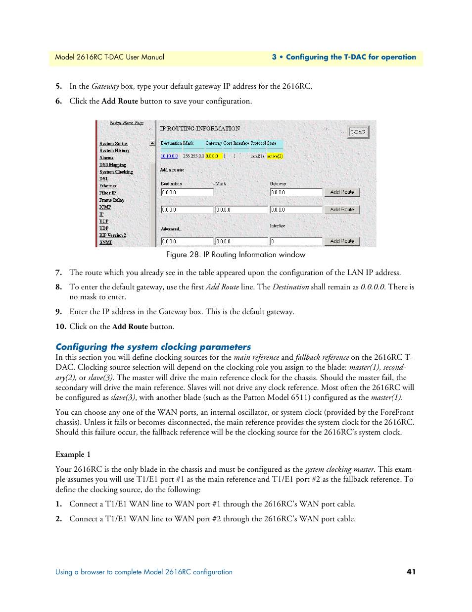 Configuring the system clocking parameters, Ip routing information window | Patton electronic 2616RC User Manual | Page 41 / 80