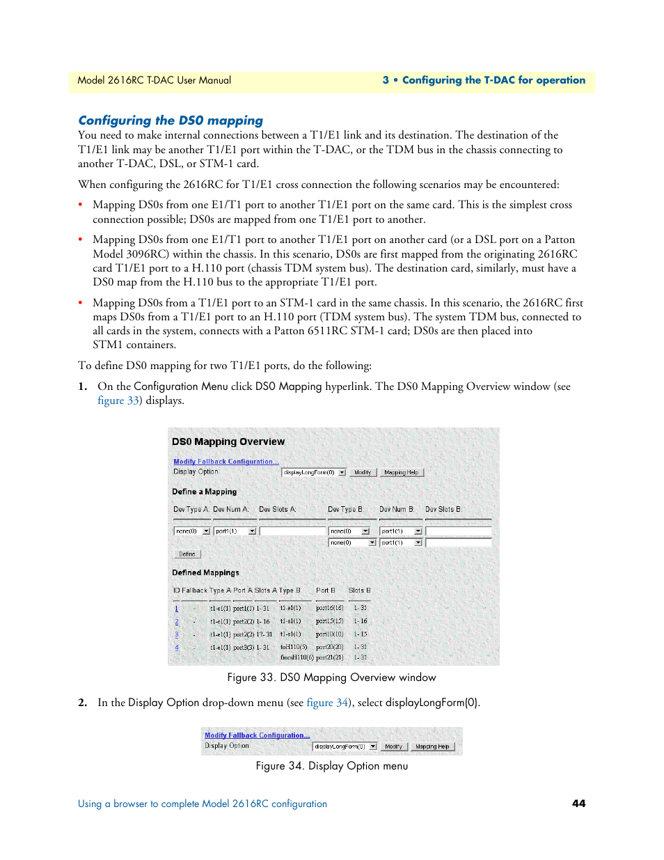 Configuring the ds0 mapping, Ds0 mapping overview window, Display option menu | Patton electronic 2616RC User Manual | Page 44 / 80