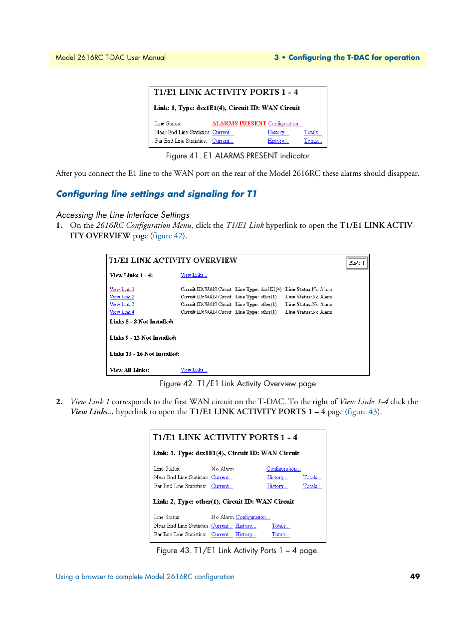 Configuring line settings and signaling for t1, Accessing the line interface settings, E1 alarms present indicator | Figure 41 | Patton electronic 2616RC User Manual | Page 49 / 80