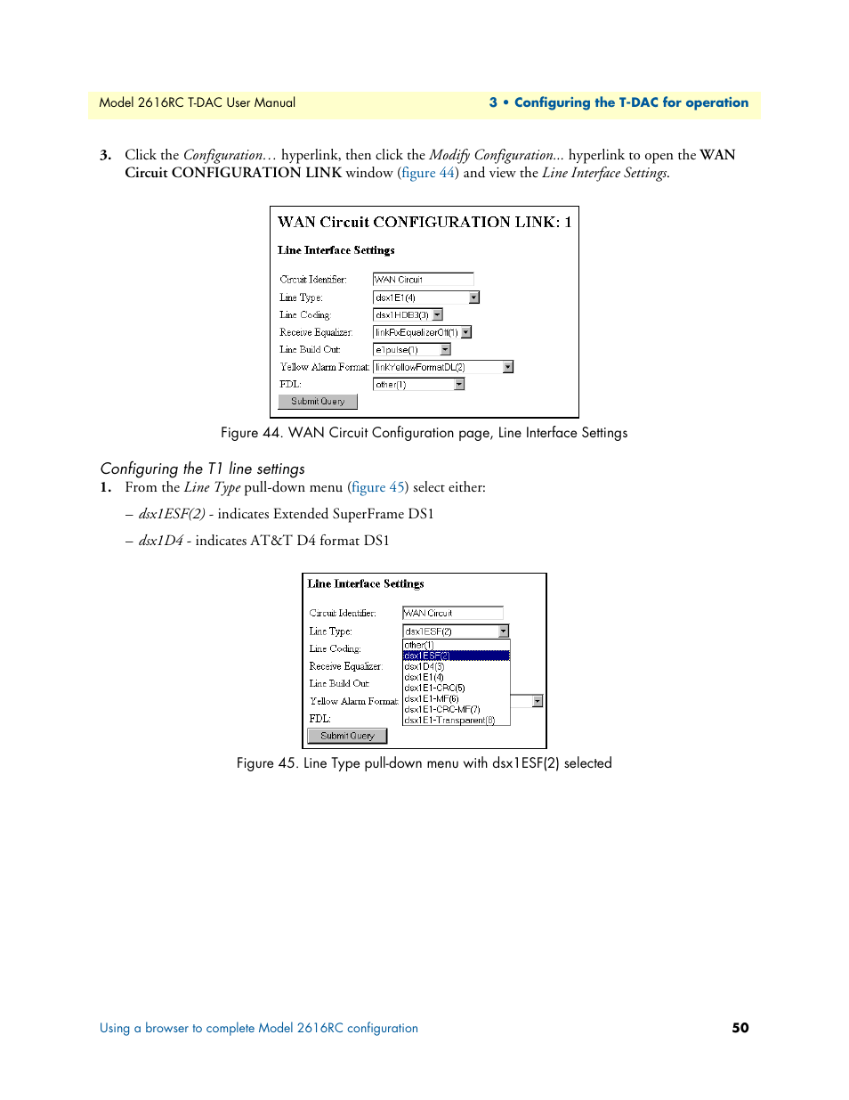 Configuring the t1 line settings, Line type pull-down menu with dsx1esf(2) selected | Patton electronic 2616RC User Manual | Page 50 / 80