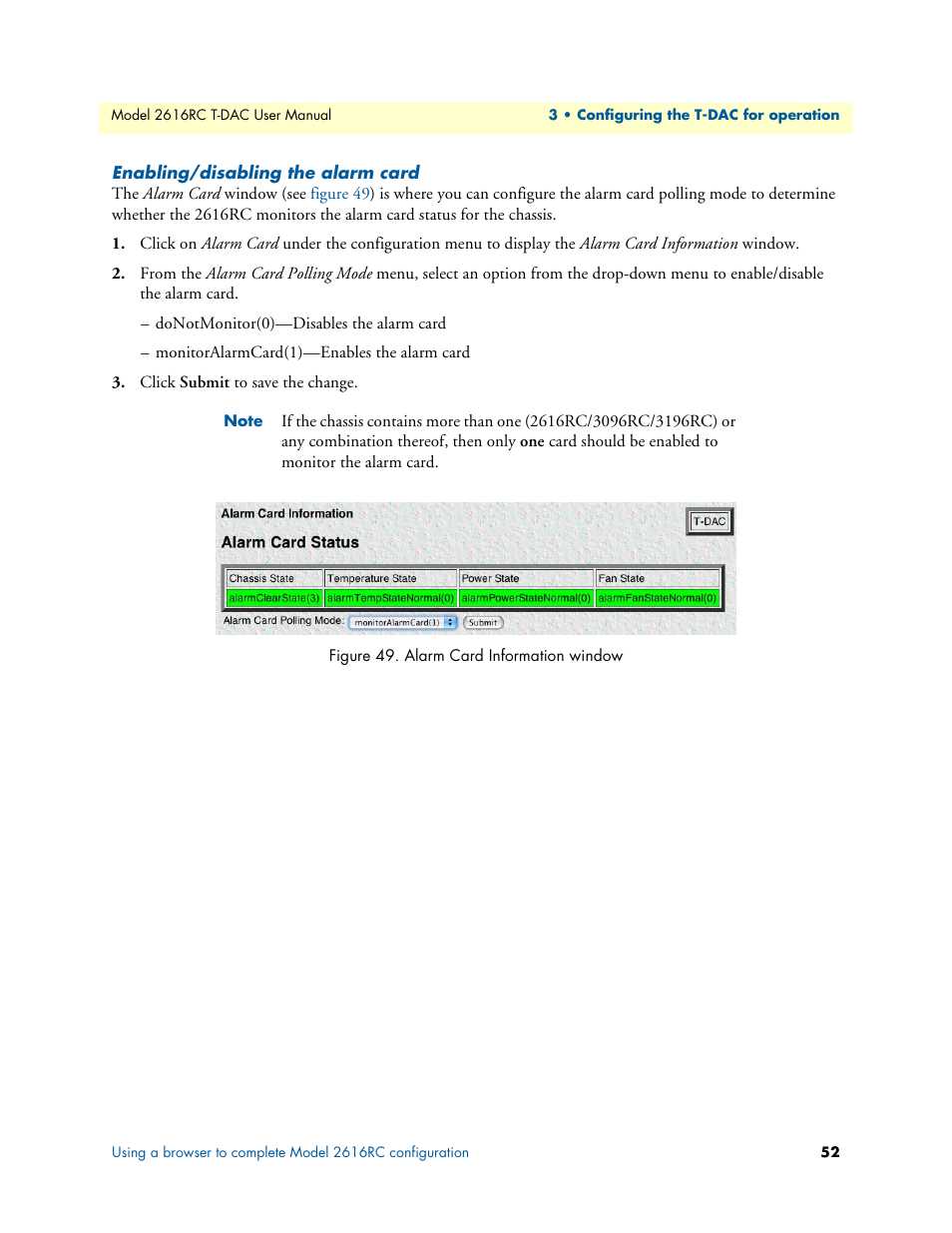 Enabling/disabling the alarm card, Alarm card information window | Patton electronic 2616RC User Manual | Page 52 / 80