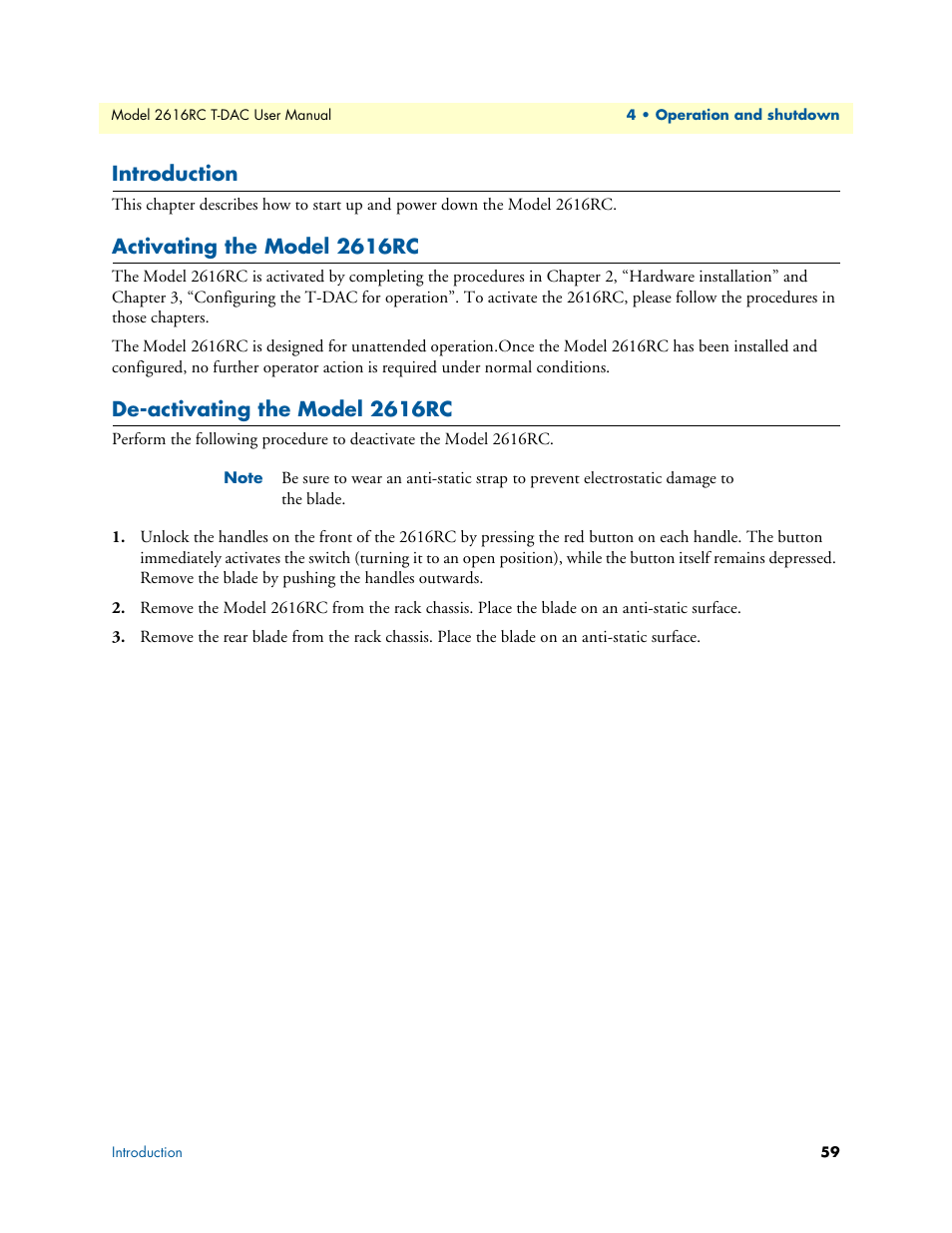 Introduction, Activating the model 2616rc, De-activating the model 2616rc | Patton electronic 2616RC User Manual | Page 59 / 80