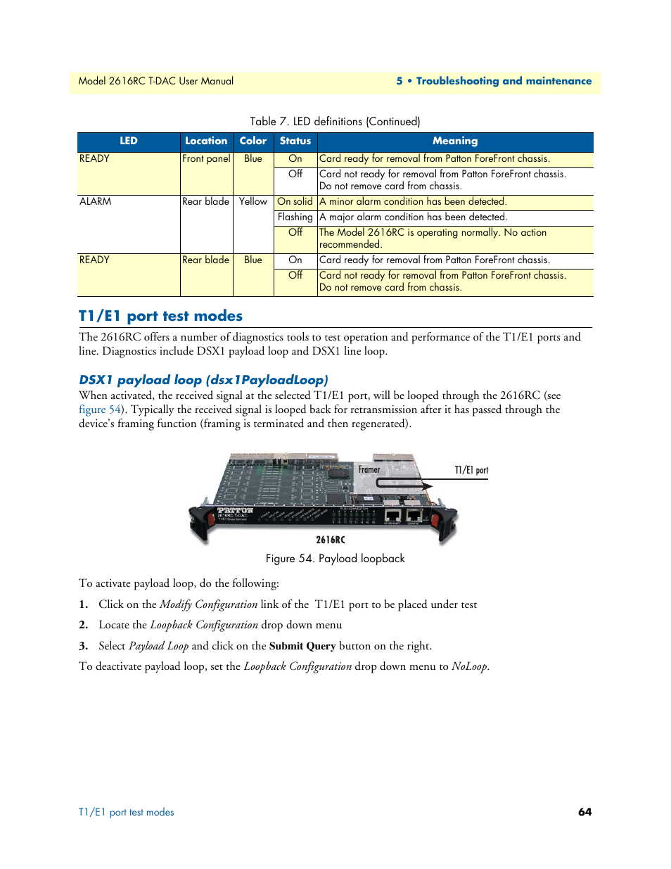 T1/e1 port test modes, Dsx1 payload loop (dsx1payloadloop), Payload loopback | Patton electronic 2616RC User Manual | Page 64 / 80