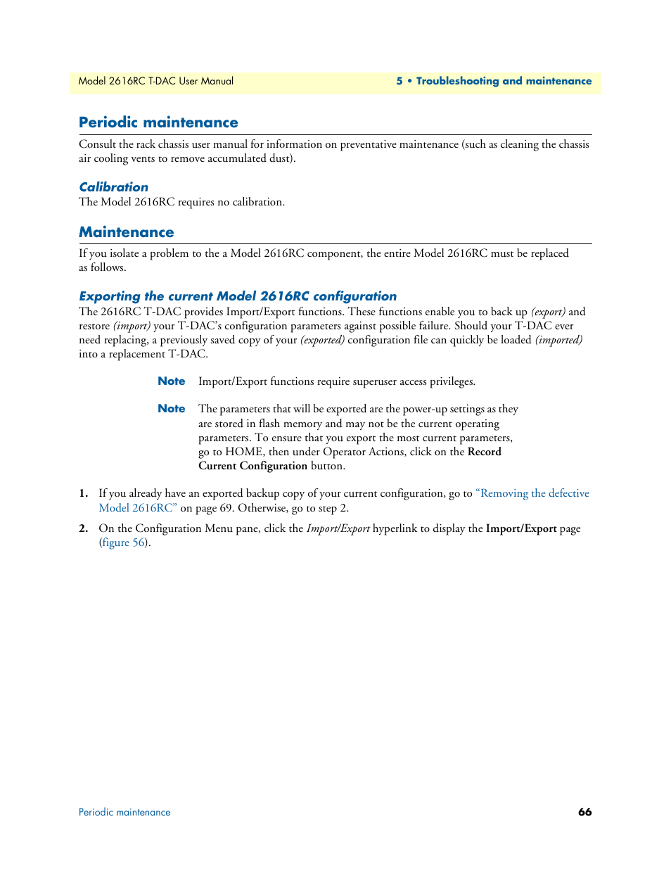 Periodic maintenance, Calibration, Maintenance | Exporting the current model 2616rc configuration | Patton electronic 2616RC User Manual | Page 66 / 80