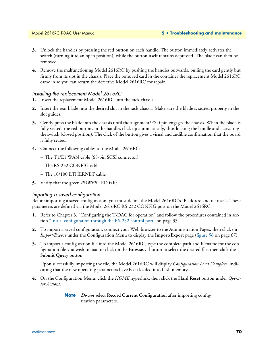 Installing the replacement model 2616rc, Importing a saved configuration | Patton electronic 2616RC User Manual | Page 70 / 80