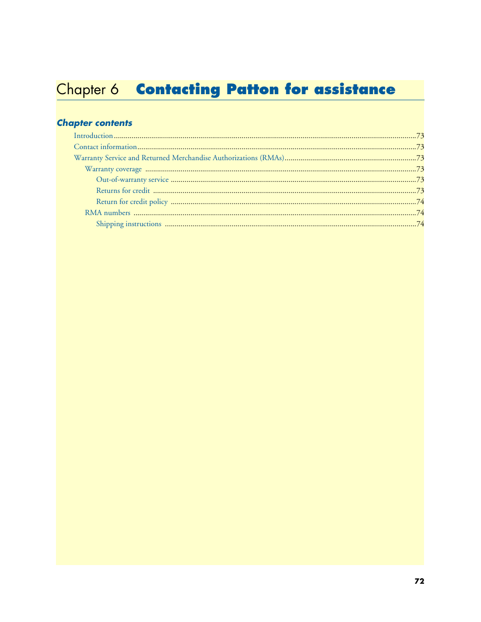 Chapter 6 contacting patton for assistance, Contacting patton for assistance, Chapter 6 contains | Chapter 6, “contacting patton for assistance | Patton electronic 2616RC User Manual | Page 72 / 80