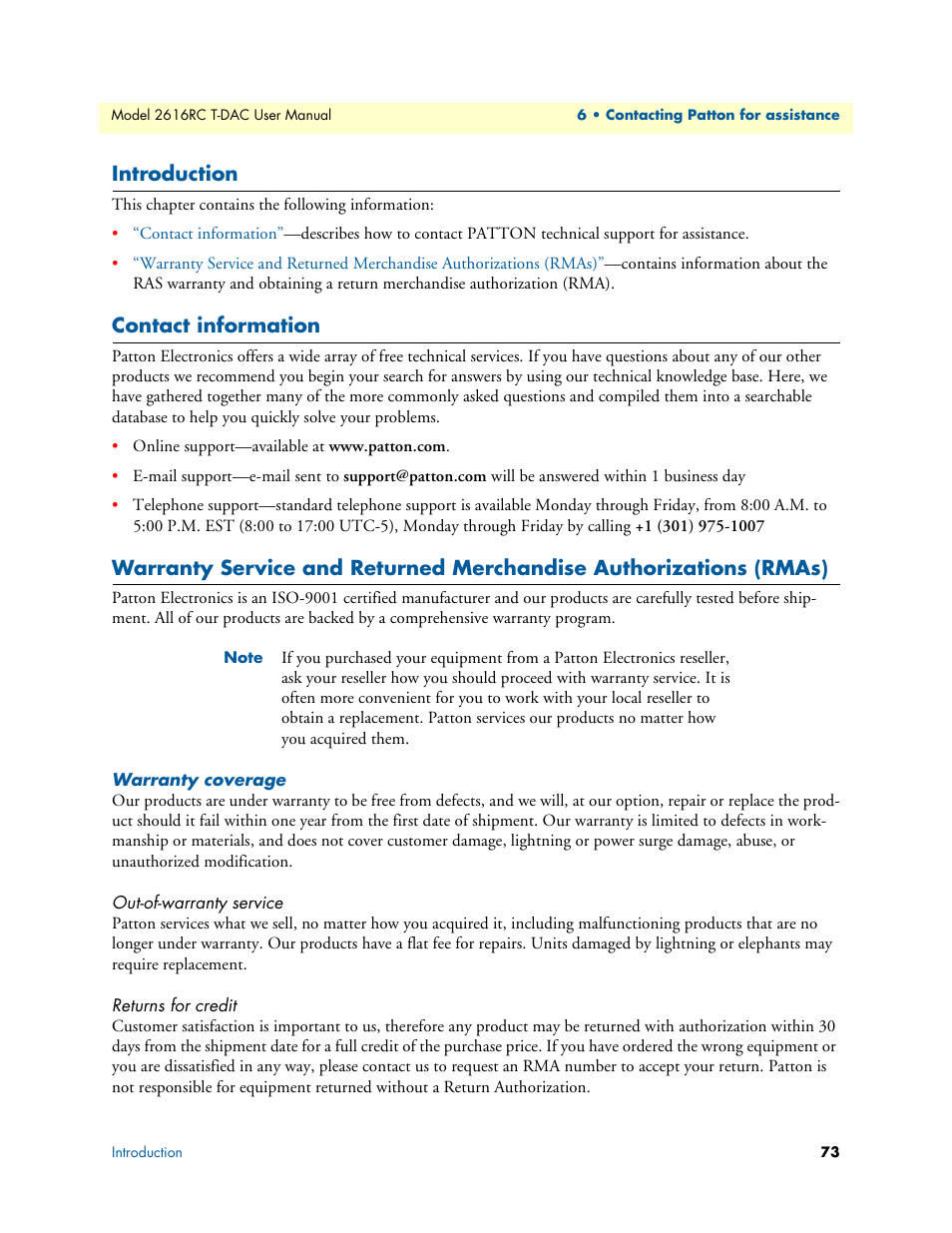 Introduction, Contact information, Warranty coverage | Out-of-warranty service, Returns for credit | Patton electronic 2616RC User Manual | Page 73 / 80