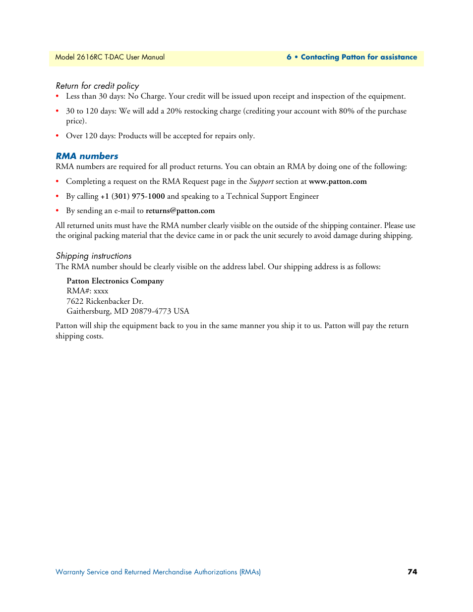 Return for credit policy, Rma numbers, Shipping instructions | Patton electronic 2616RC User Manual | Page 74 / 80