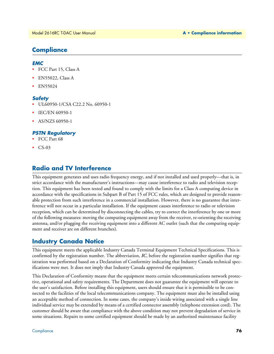 Compliance, Safety, Pstn regulatory | Radio and tv interference, Industry canada notice | Patton electronic 2616RC User Manual | Page 76 / 80