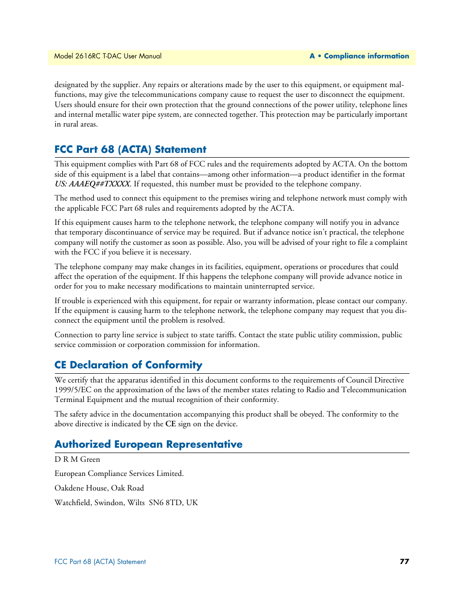 Fcc part 68 (acta) statement, Ce declaration of conformity, Authorized european representative | Patton electronic 2616RC User Manual | Page 77 / 80