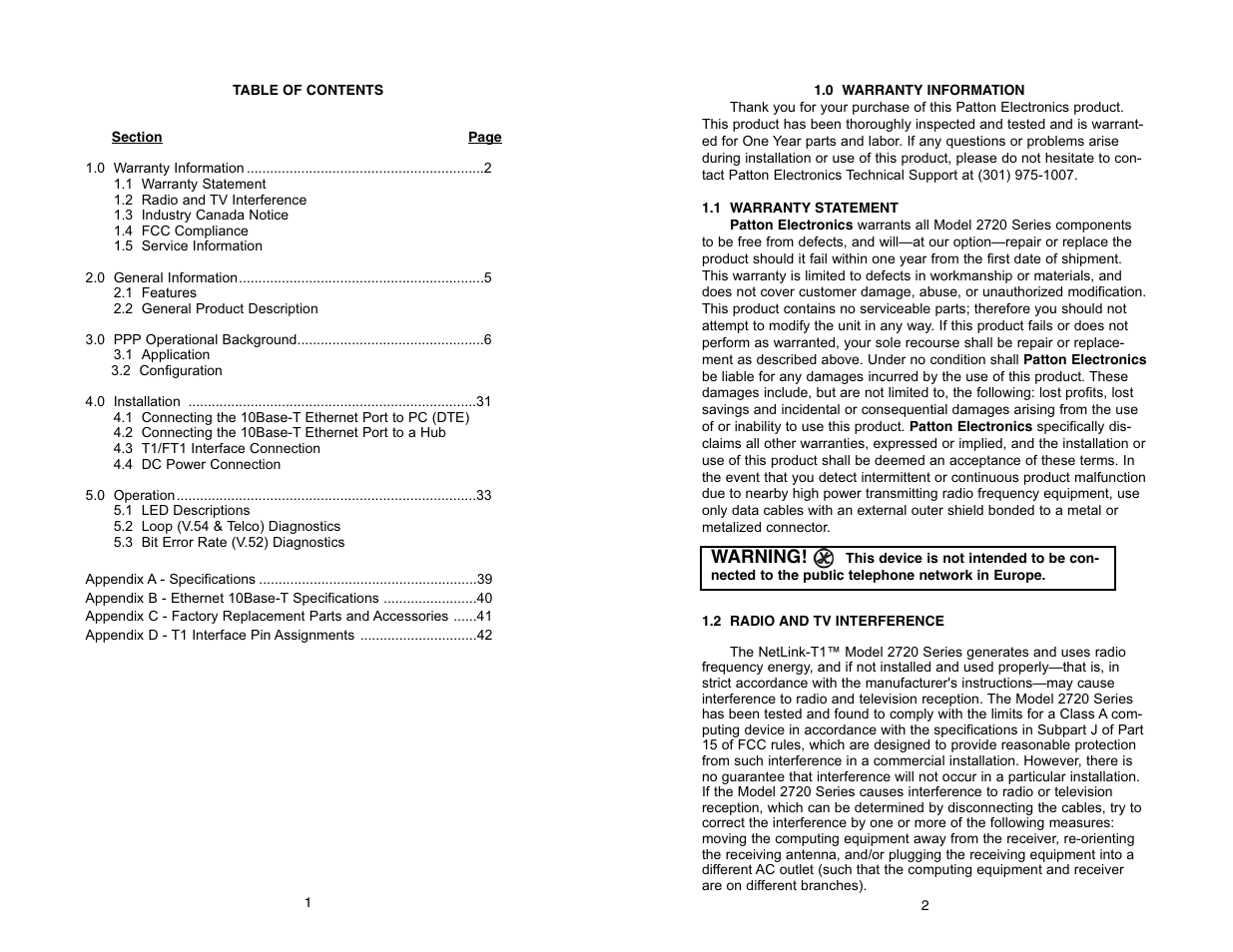 Warning | Patton electronic 2720/I Series User Manual | Page 3 / 48