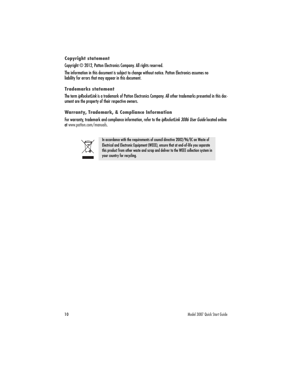 Copyright statement, Trademarks statement, Warranty, trademark, & compliance information | Patton electronic Serial G.SHDSL Bridge/Router 3087 User Manual | Page 10 / 12