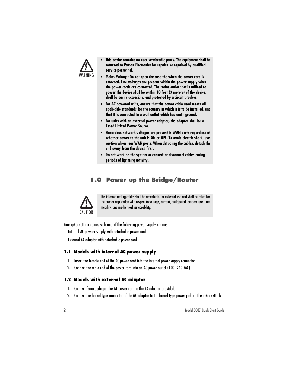 0 power up the bridge/router, 1 models with internal ac power supply, 2 models with external ac adaptor | Patton electronic Serial G.SHDSL Bridge/Router 3087 User Manual | Page 2 / 12