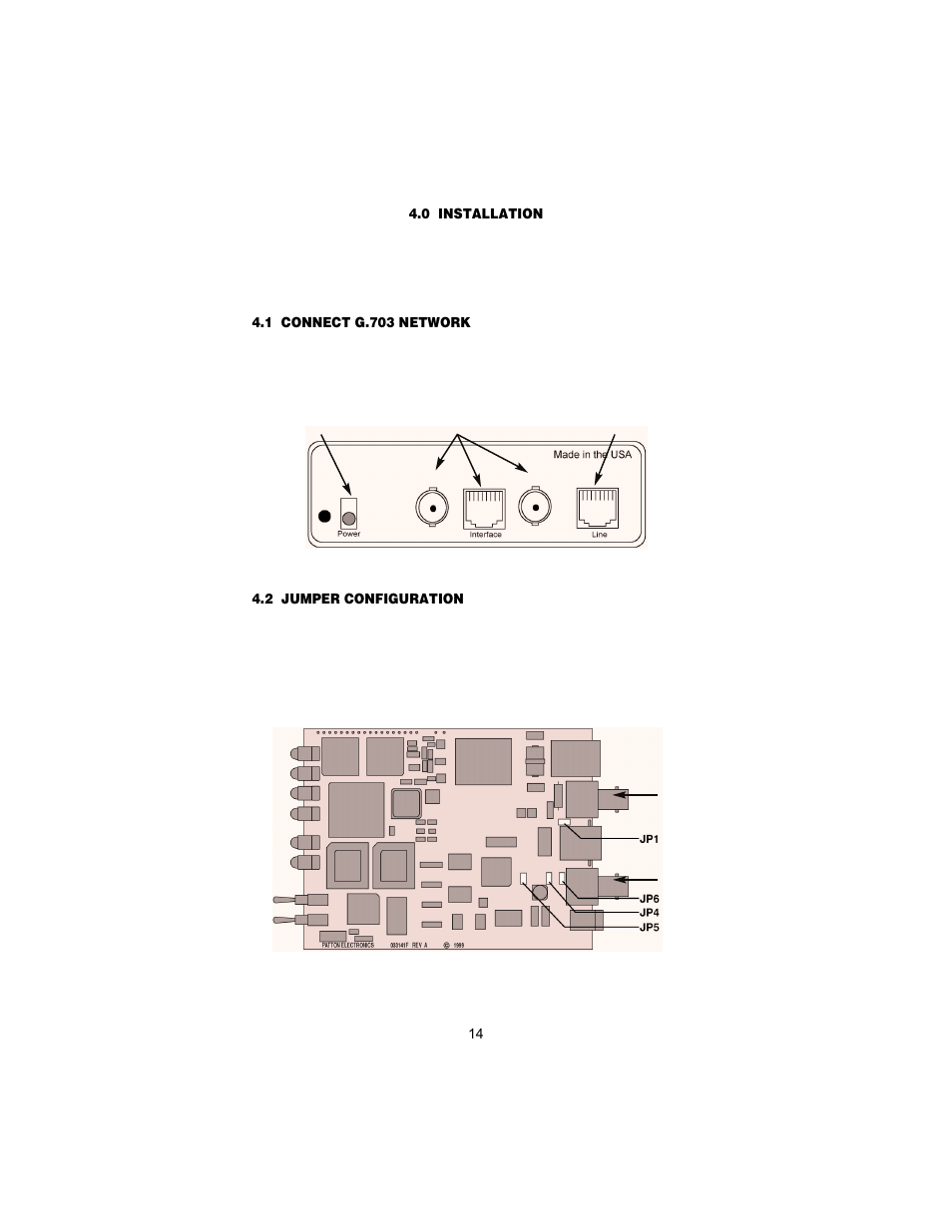 0 installation, 1 connect g.703 network, 2 jumper configuration | Installation, Connect g.703 network, Jumper configuration | Patton electronic 1088/K User Manual | Page 14 / 32