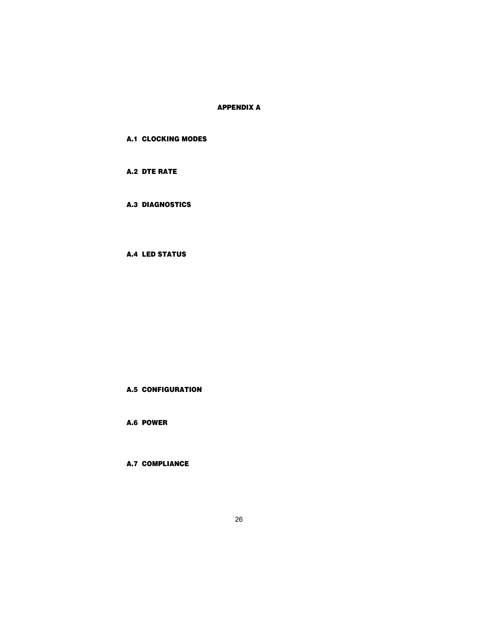 Appendix a specifications, A.1 clocking modes, A.2 dte rate | A.3 diagnostics, A.4 led status, A.5 configuration, A.6 power, A.7 compliance, Specifications, Clocking modes | Patton electronic 1088/K User Manual | Page 26 / 32