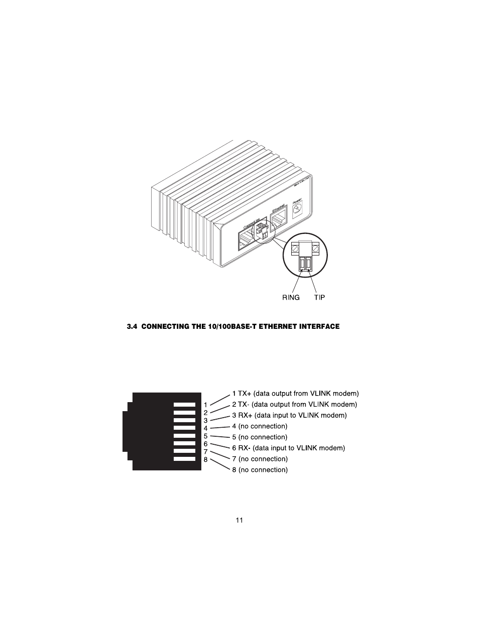 4 connecting the 10/100base-t ethernet interface, Connecting the 10/100base-t ethernet interface, Er to section 3.4, “connecting the | Patton electronic 2158 User Manual | Page 11 / 28
