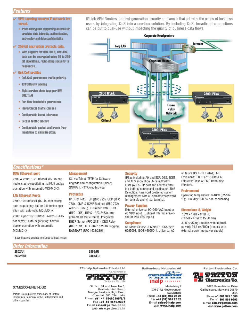 Features specifications, Order information, Bit encryption protects data | Qos/cos profiles, Wan ethernet port, Lan ethernet ports, Management, Protocols, Security, Power supplies | Patton electronic 2802 User Manual | Page 2 / 2