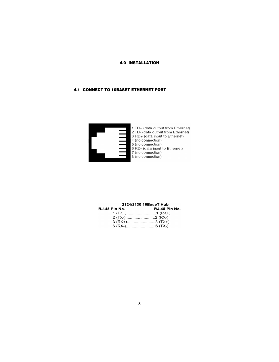 0 installation, 1 connect to 10baset ethernet port, Connect the 10baset ethernet port to a hub | Connect the 10baset ethernet port to a pc (dte) | Patton electronic 2130 User Manual | Page 9 / 24